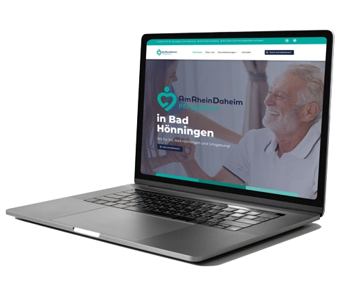 am rhein daheim website opened on the laptop mockup Rheinpiraten Agentur in Rheinbreitbach, Bonn und Köln– Grafikdesign, Webdesign, Werbetechnik & Textilveredelung